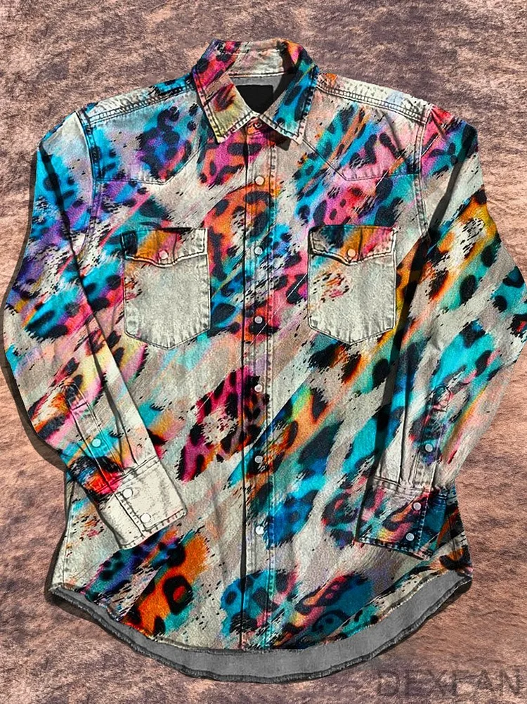 Vintage Western Leopard Art Pattern Print Casual Shirt