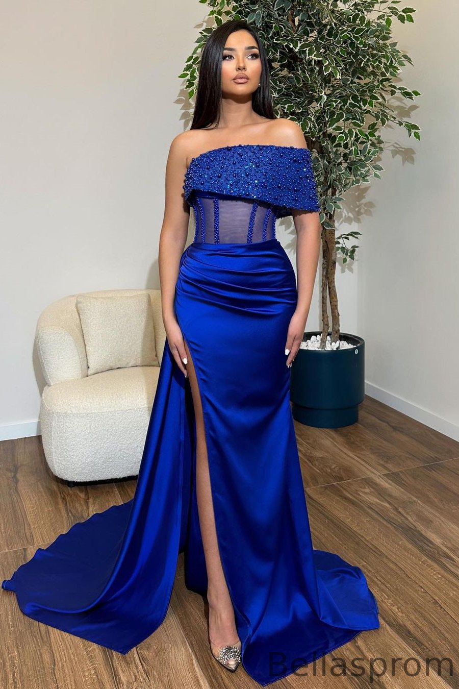 Bellasprom Royal Blue One Shoulder Mermaid Prom Dress With High Split Pearls Bellasprom