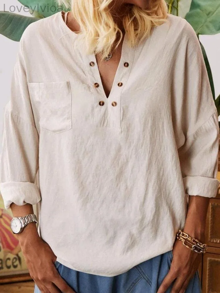 Round Neck Cotton&Linen Casual Loose Solid Color Long Sleeve Blouse