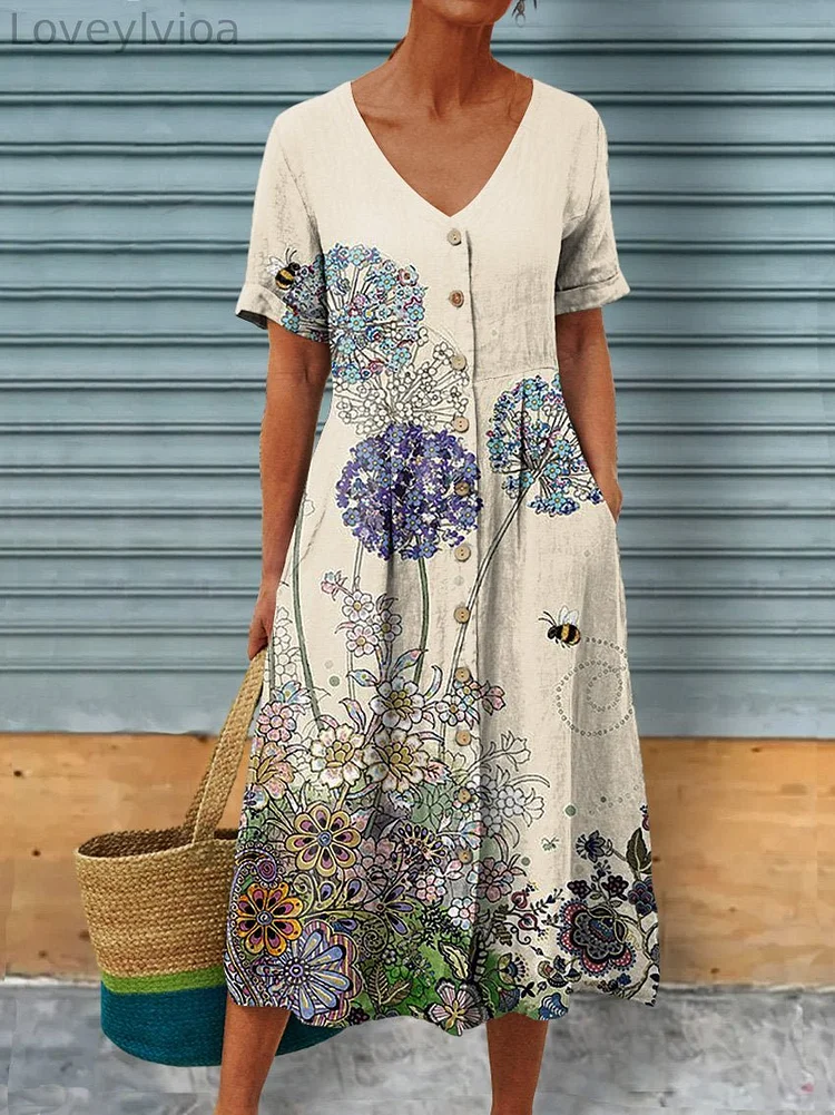 Spring Allium Bulbs Cottage Garden Art Printed Women's Linen Pocket Tunic Dress