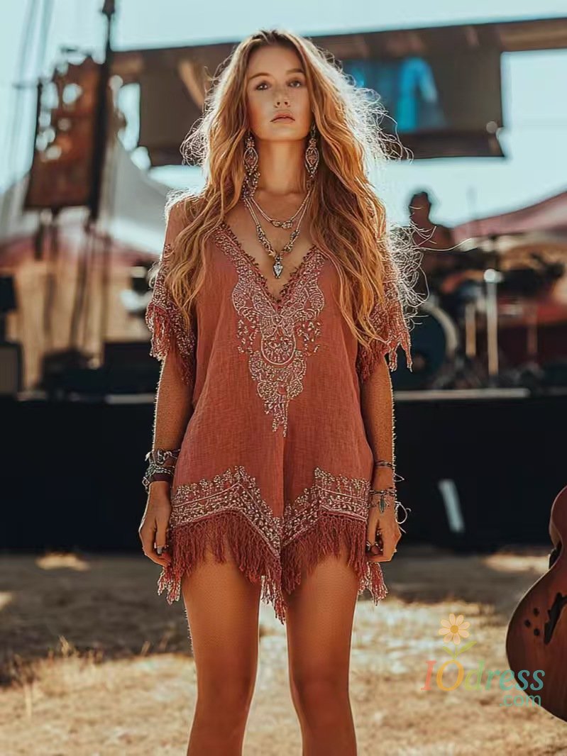 IO Dress Summer Fashion Printed Tassel Ethnic Retro Mini Dresses Vintage Women Sexy Deep V  Bohemian Holiday Dress For Women 2025 New IO Dress