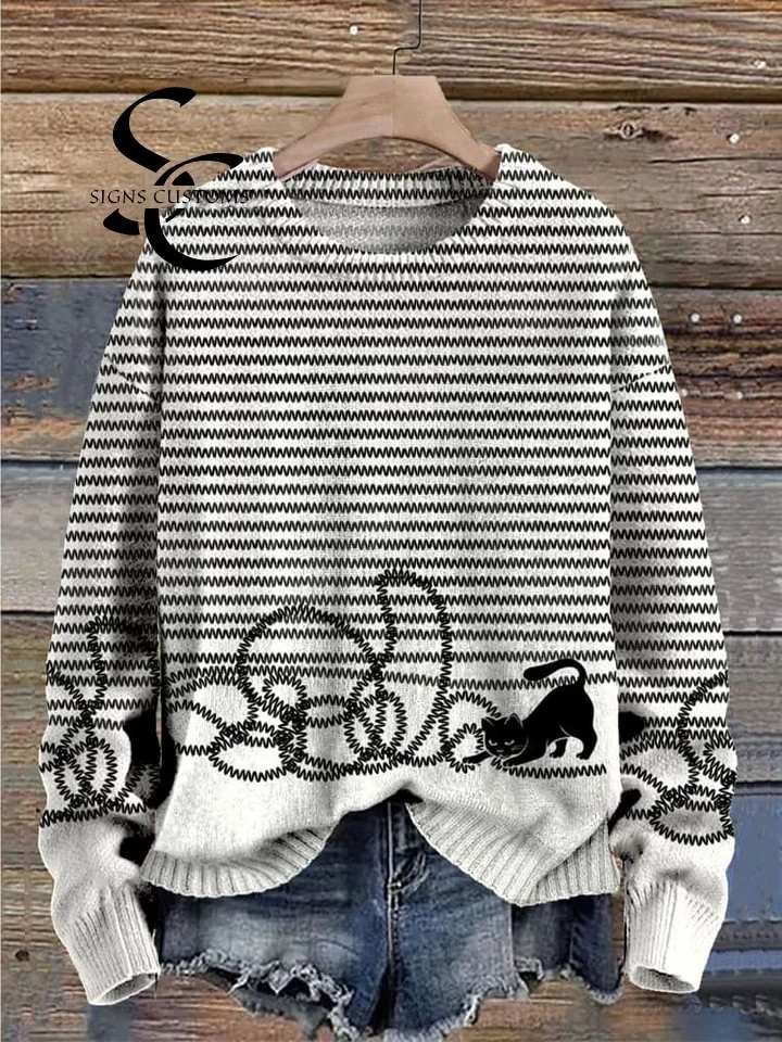 Adorable Cat Print Knit Pullover Sweater