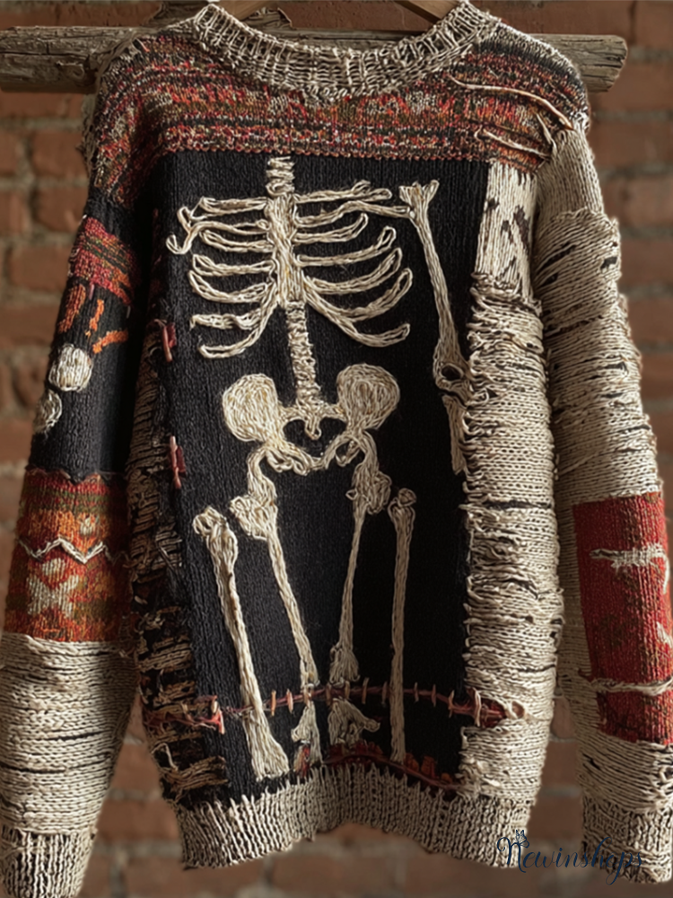 Halloween Skeleton Man Pattern Knit Round Neck Sweater