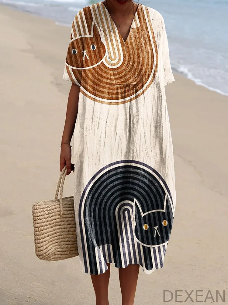 Women's Vintage Abstract Line Cat Art Print Flowy Dress