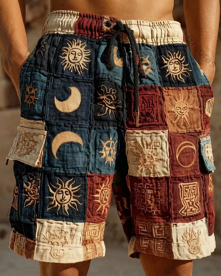 Men's Summer Fashion Star and Moon Print Embroidered Casual Linen Shorts  8609