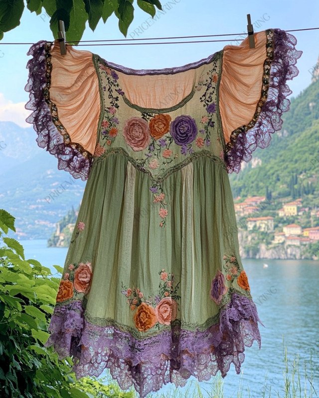 Summer Vacation Ruffle Lace Chiffon Elegant Long Top 3665