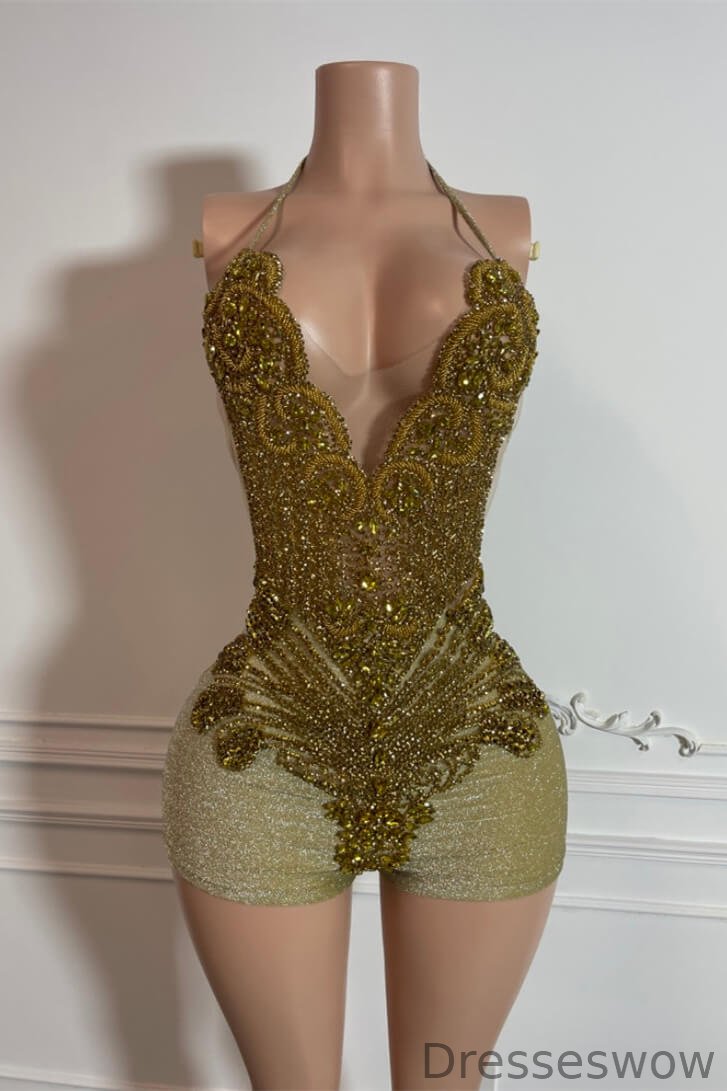 Dresseswow V-Neck Sleeveless Halter Short Homecoming Dress Backless With Beadings