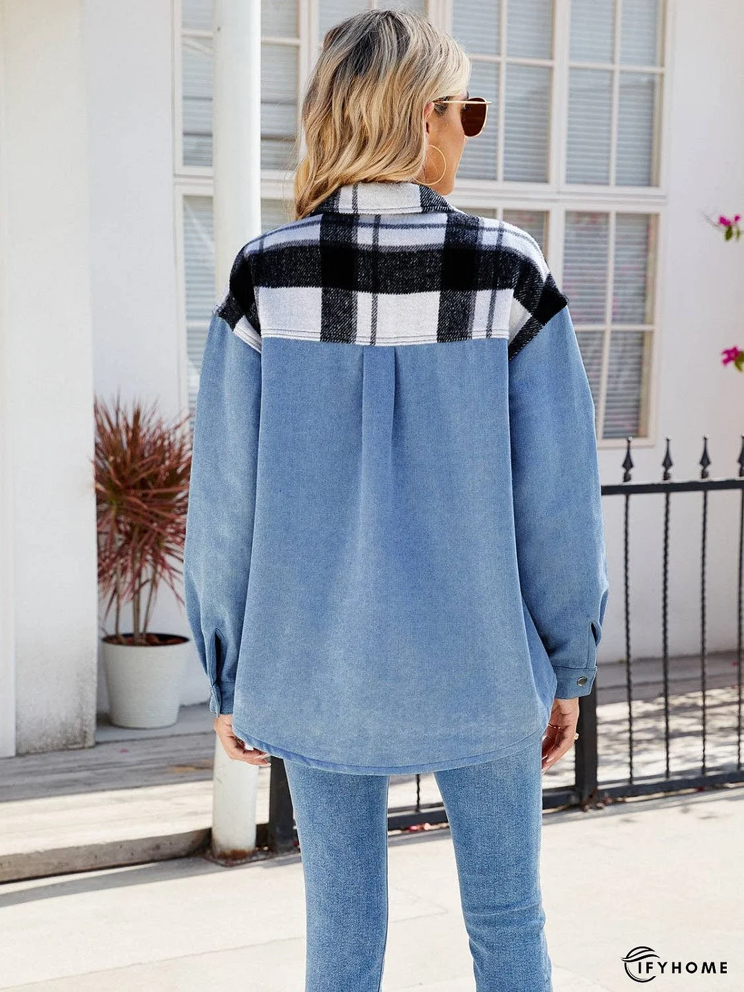 Pocketed Plaid Snap Down Denim Jacket | IFYHOME