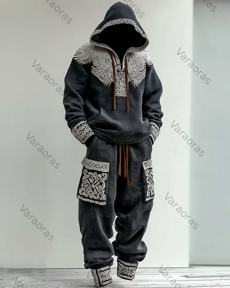Men's Fashion Viking Linen Hoodie and Pants Two-Piece Set 2951