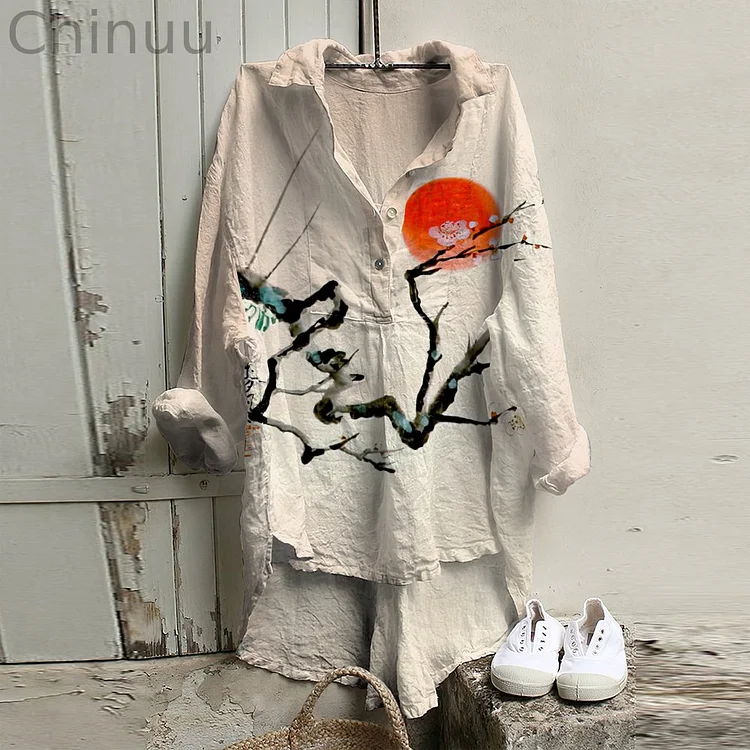 Vintage Japanese Art Cotton Linen Button V Neck Casual Shirt