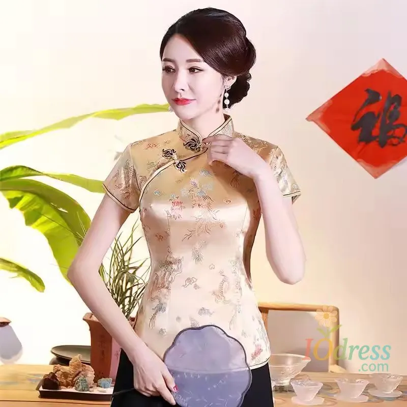 IO Dress Vintage Flower Satin Shirt Women Chinese Traditional Blouse Summer Sexy Chinese Style Tang Clothes Button Down Qipao Female IO Dress