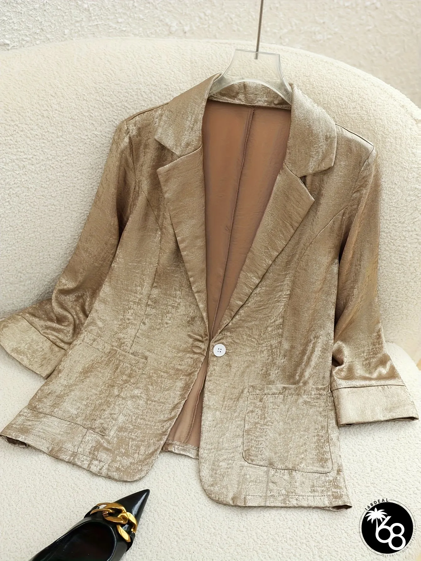 Golden Shiny Seven Quarter Sleeve Suit Jacket Button Details Elegant Solid Color Single | 168DEAL