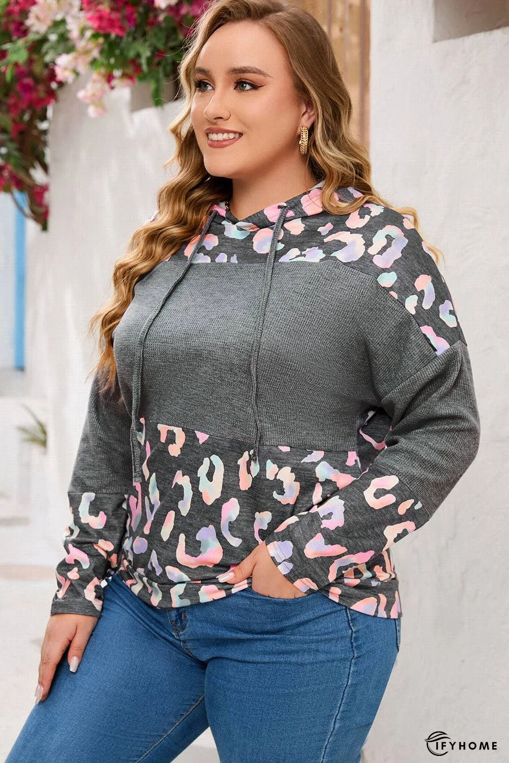 Plus Size Leopard Dropped Shoulder Long Sleeve Hoodie | IFYHOME