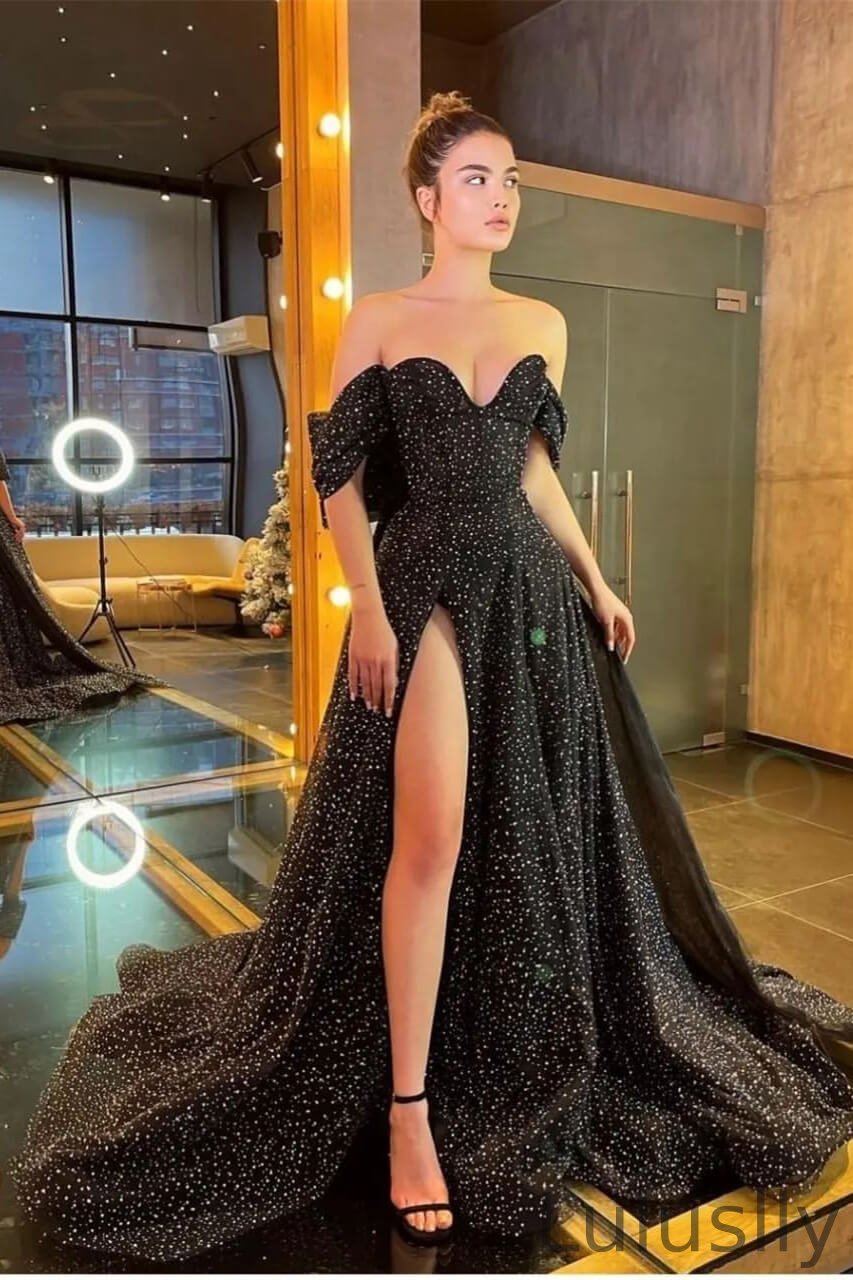 Luluslly Off-the-Shoulder Black Evening Dress High SLit Long With Beads