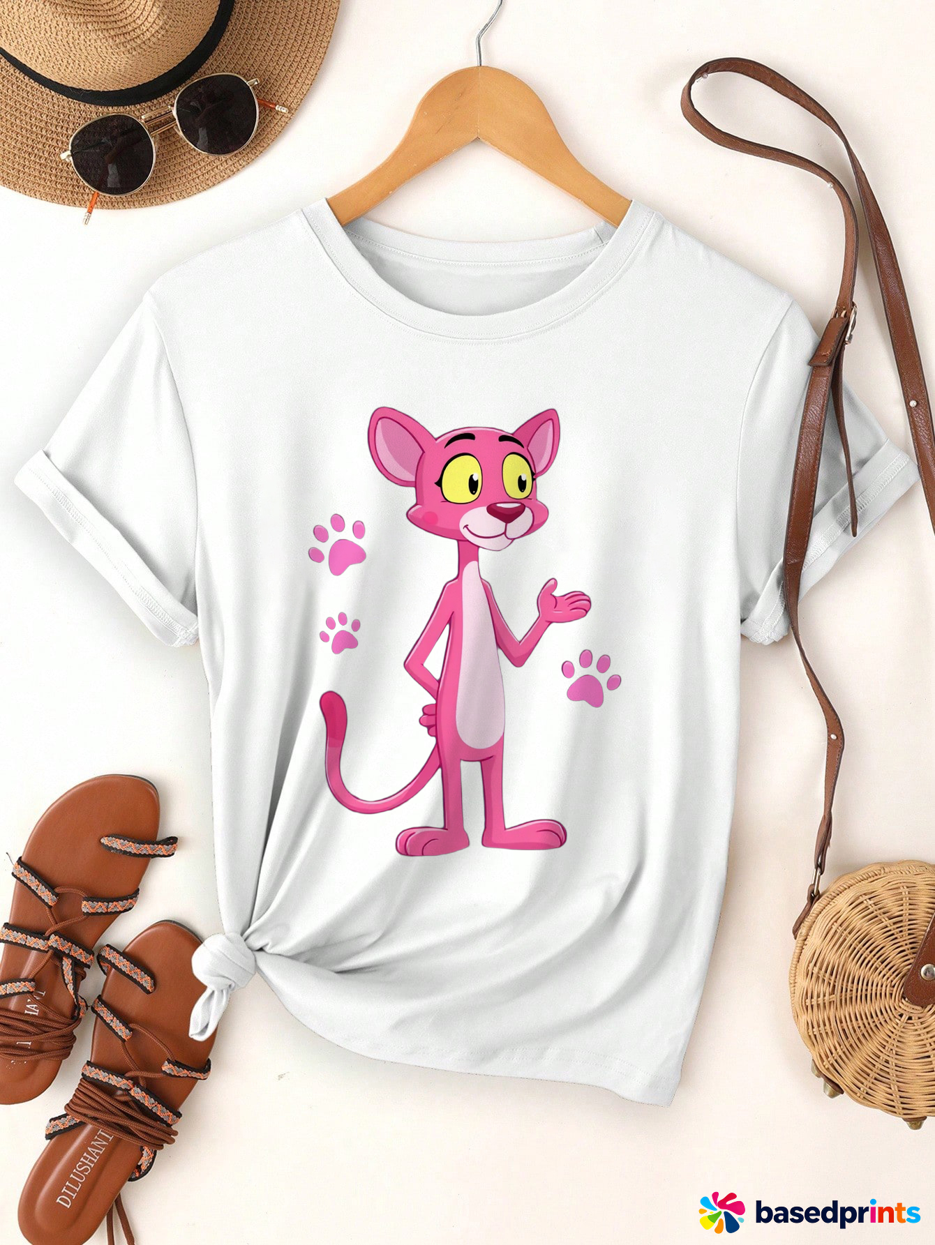 Pink Panther Cartoon T-Shirt Women Summer Casual Short Sleeve Tops