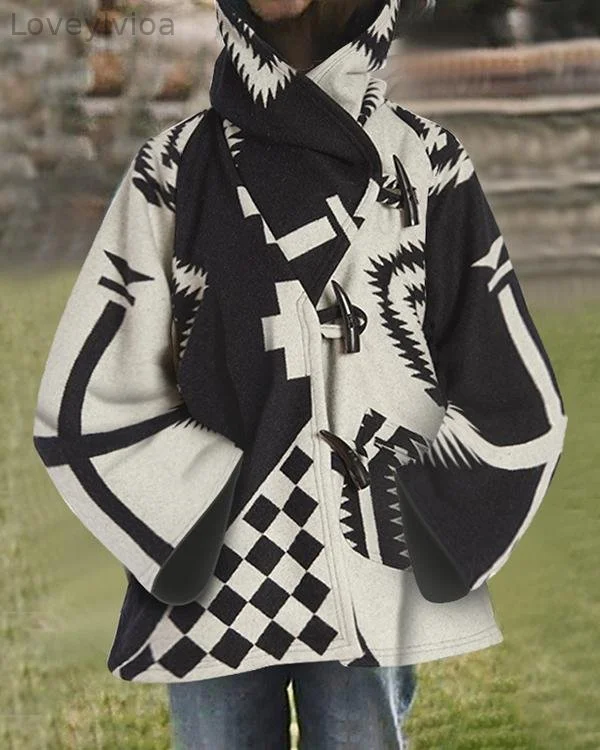 Holiday Geometric Jacquard Horn Buckles Paneled Pockets Hooded Coat