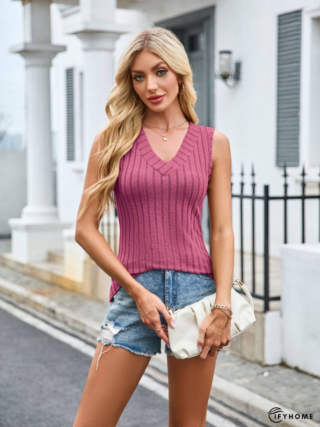 Ribbed Solid Color V-Neck Tank | IFYHOME