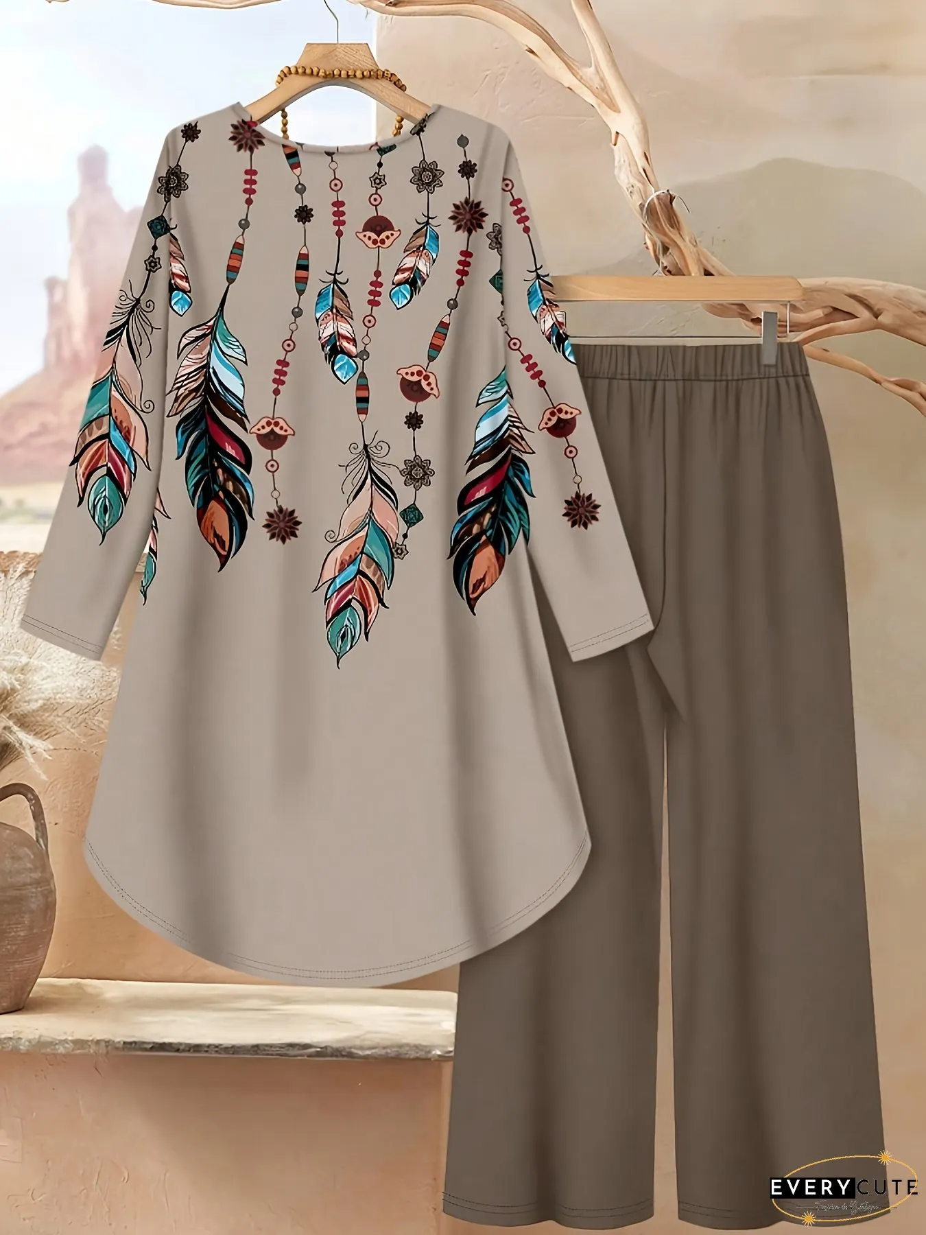 Womens Elegant Bohemian Southwestern Print Two-Piece Set Turquoise BlueOrangeBlackBeige