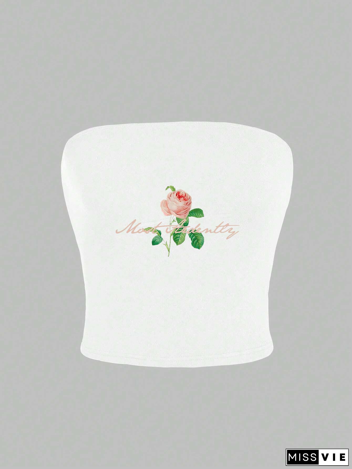 Women's Y2K Inspired Pink Rose Applique Ruched Crop Top - 100% Polyester Knit Fabric, Sleeveless Bandeau, Spring/Summer Essential, Geometric-Pattern Slim Fit Tube Top