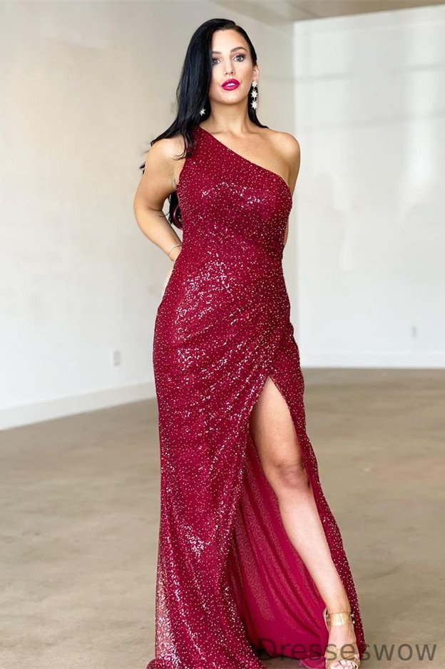 Dresseswow Burgundy One Shoulder Sequins Prom Dress Mermaid Long With Slit