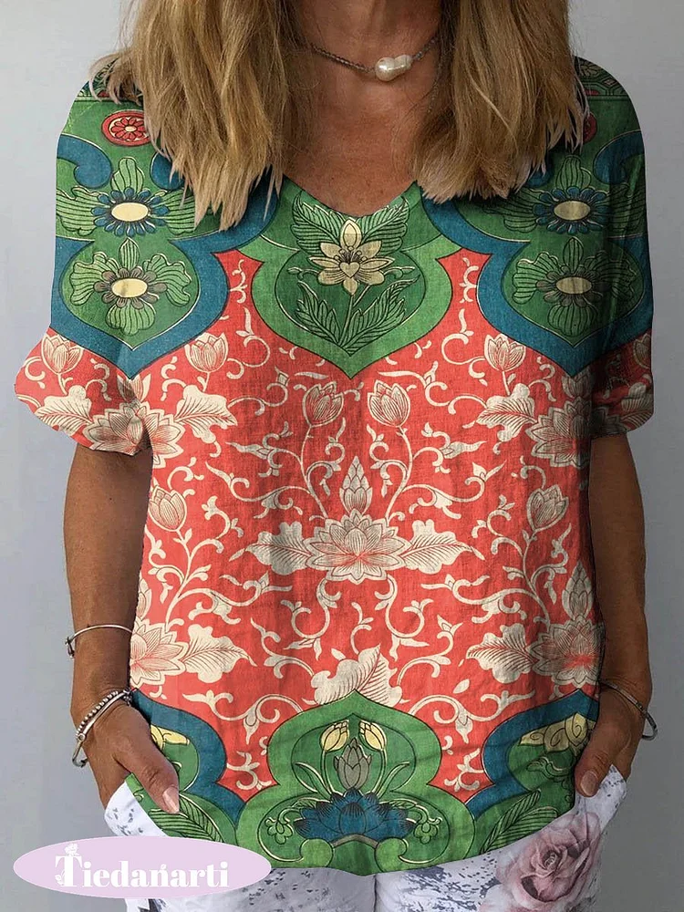 Women's Vintage Floral Art Print Casual Cotton And Linen Shirt
