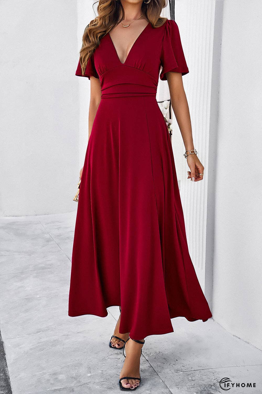 Slit V-Neck Short Sleeve Dress | IFYHOME