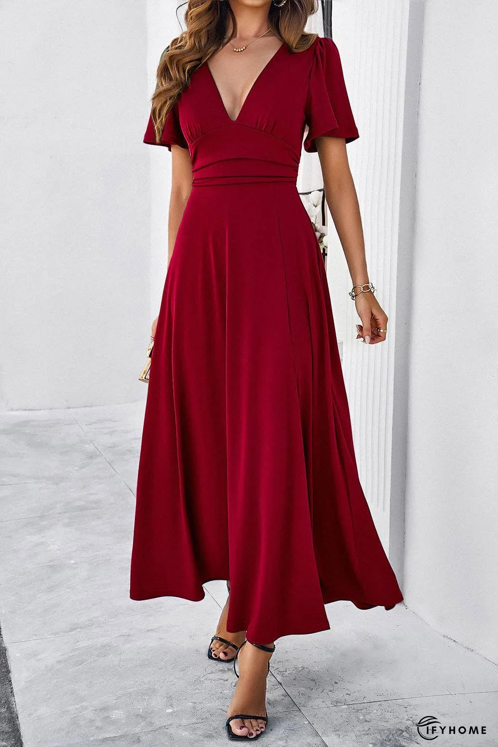 Slit V-Neck Short Sleeve Dress | IFYHOME