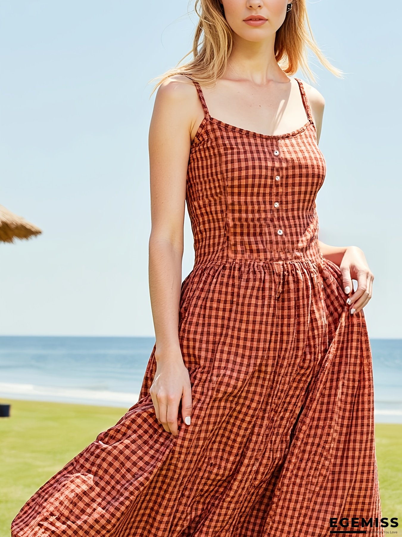 Vintage French Plaid Western Style Spaghetti Suspender Dress - A-Line Ruffled Hem, Red & White Checkered Pattern, Cinched Waist, Perfect for Spring/Summer Beach Outings, Casual Elegant Wear, Spaghetti Suspender Dress | EGEMISS