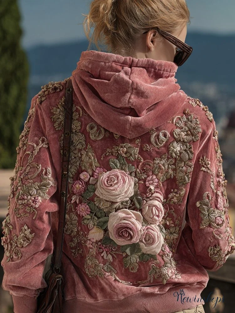 Vintage Pink Roses Embroidered Cozy Hoodie