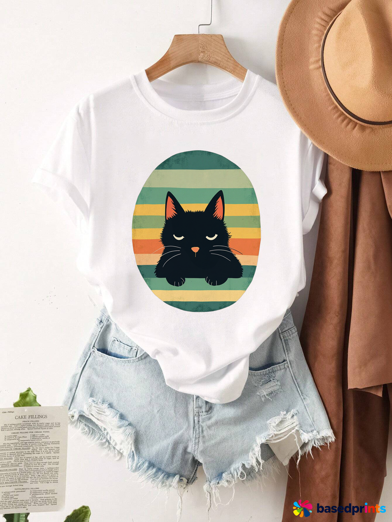 Vintage Black Cat Print T-Shirt Women Casual Short Sleeve Tops Tee