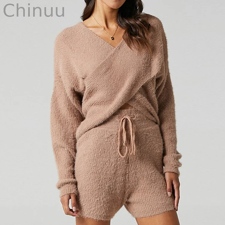 Fashion Cross V-neck Solid Color Fleece Two-piece Set