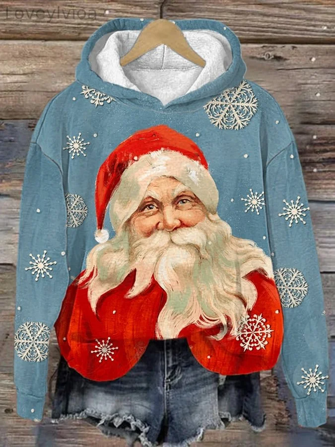 Women's Christmas Retro Vintage Santa Print Hoodie