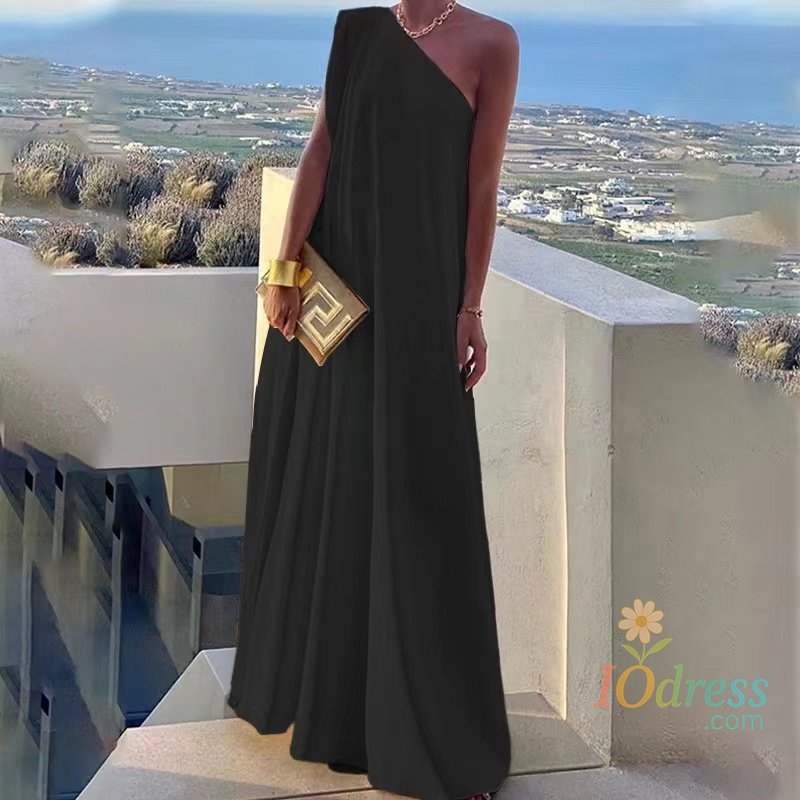 IO Dress Elegant Diagonal Collar Single Shoulder Long Dress Sleeveless Loose A-line Party Casual Summer Dress Fashion Evening Dress Robe