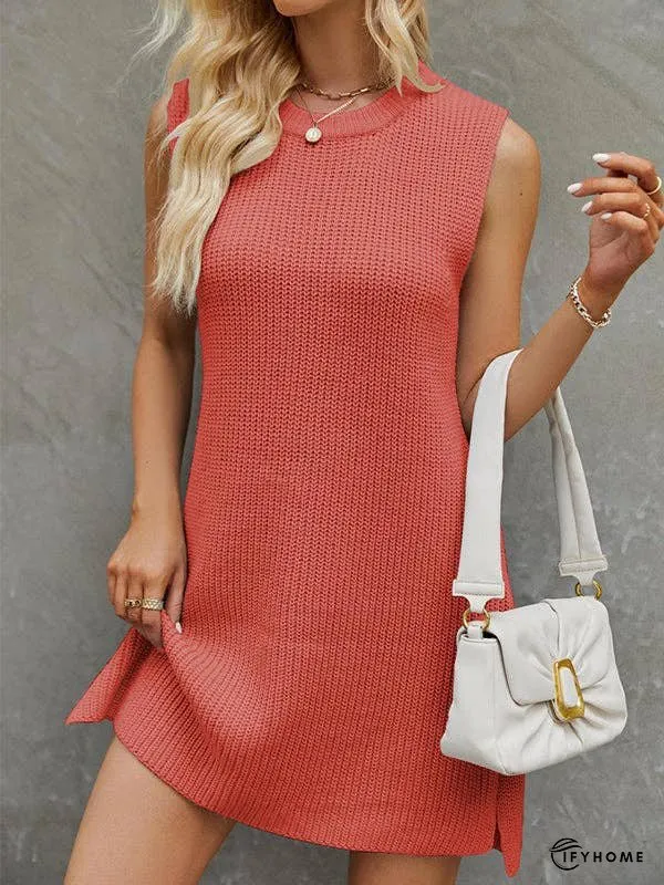 A-Line Loose Solid Color Split-Side Tied Waist Round-Neck Mini Dresses Sweater Dresses | IFYHOME