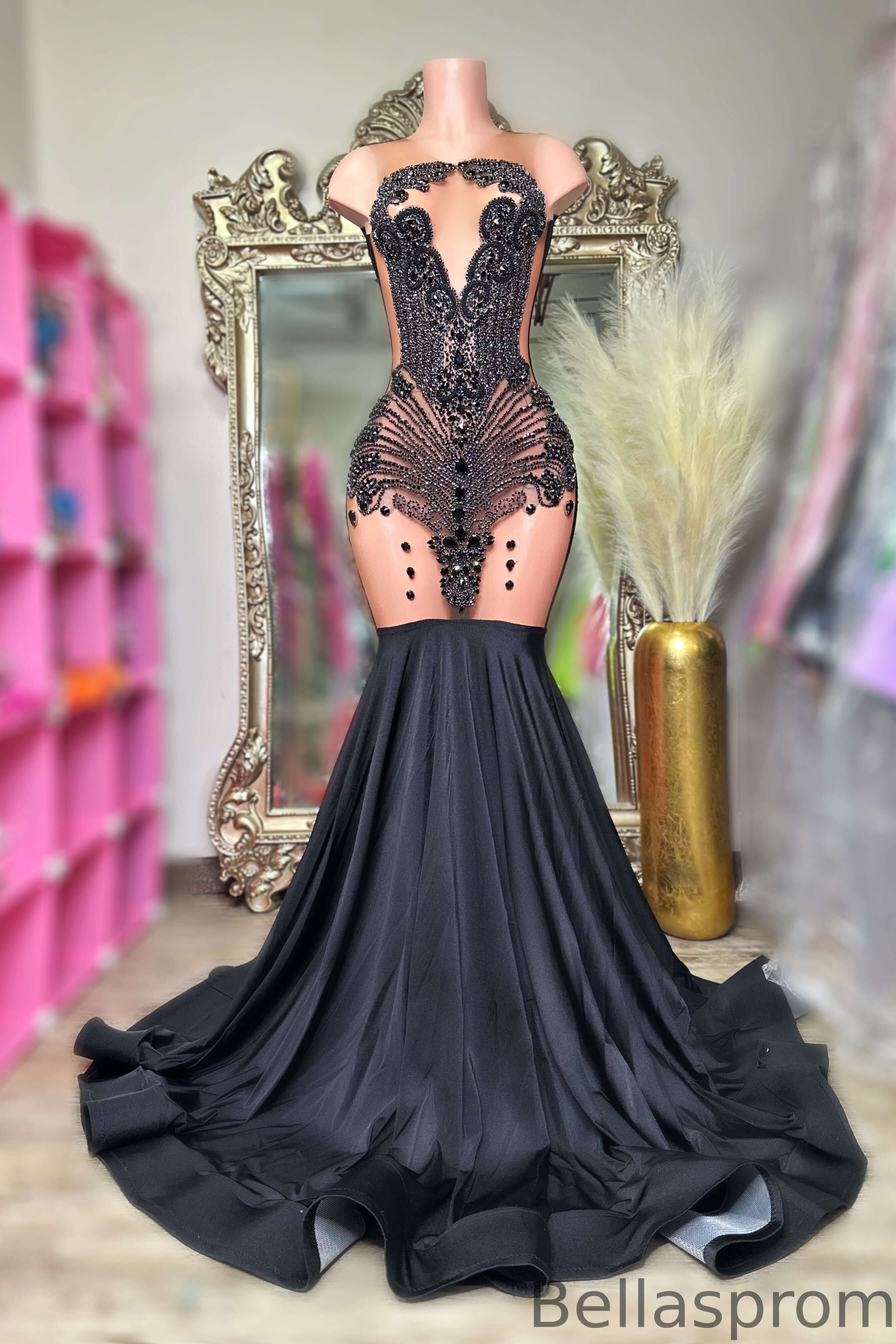 Bellasprom Black Scoop Sleeveless Mermaid Prom Dress With Beadings Crystals Bellasprom