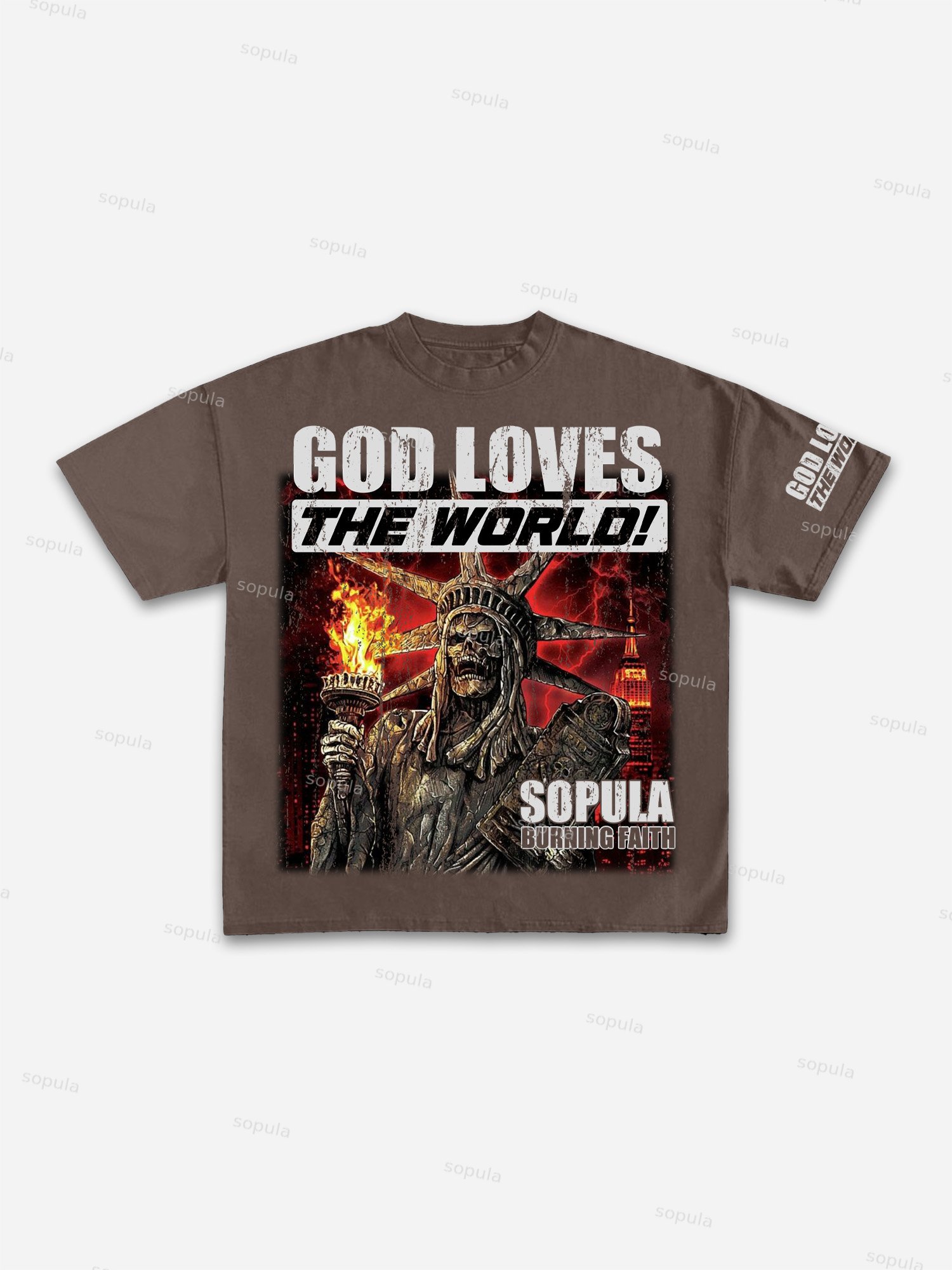 God Loves The World Burning Skull Statue Of Liberty Vintage Graphic Cotton T-shirt