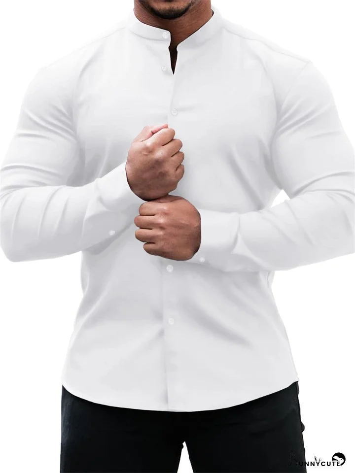 Men's Shirt Plain Solid Colored Stand Collar Wine Black White Army Green Navy Blue Street Daily Long Sleeve Button-Down Clothing Apparel Fashion Casual Comfortable