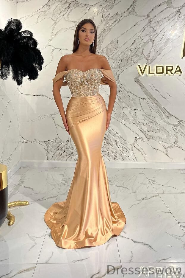 Dresseswow Champagne Off-the-Shoulder Mermaid Prom Dress Long With Beadings