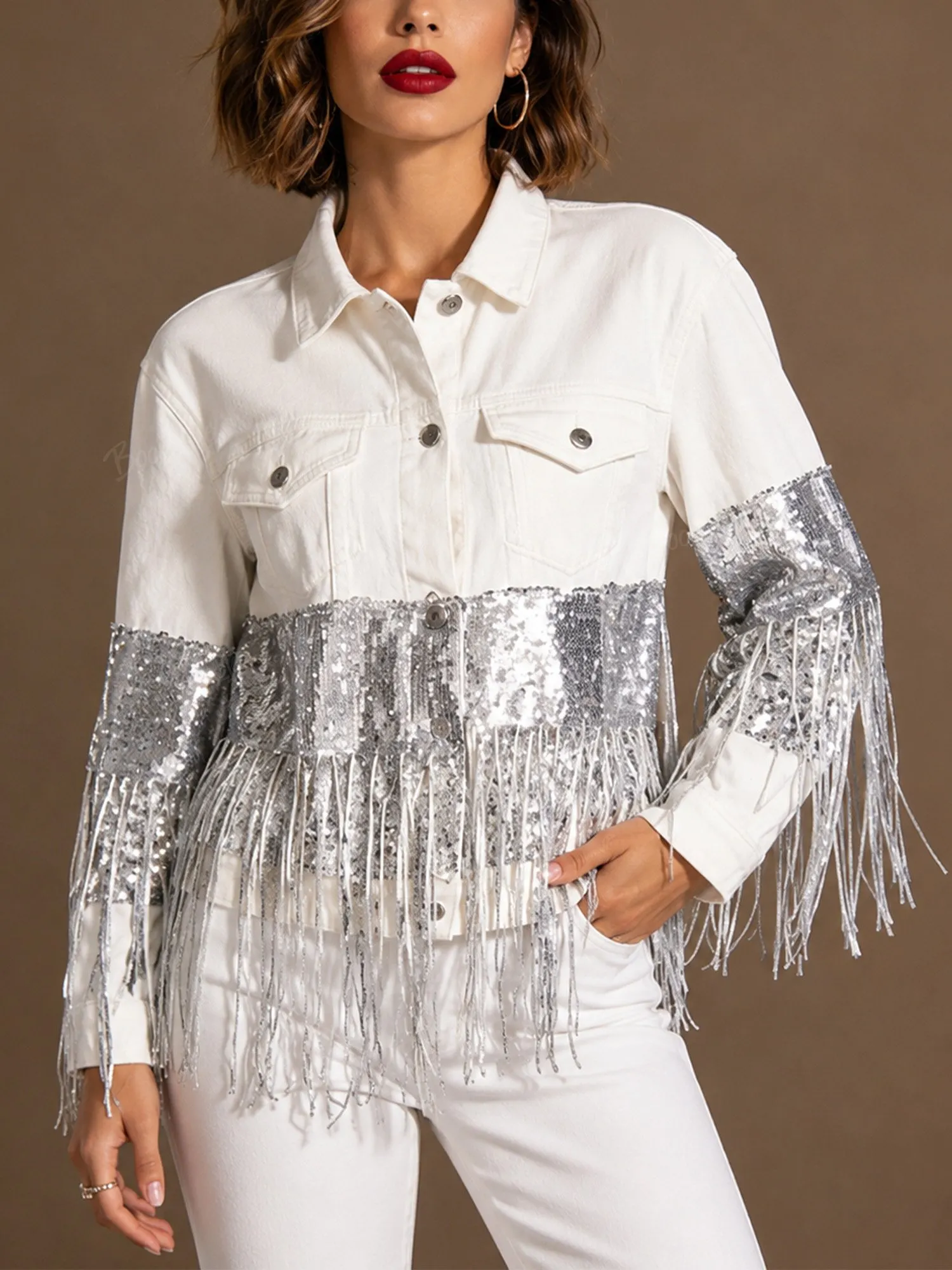 Perfect for country music festivals &mdash; Silver sequined tassel soft denim jacket for women.
