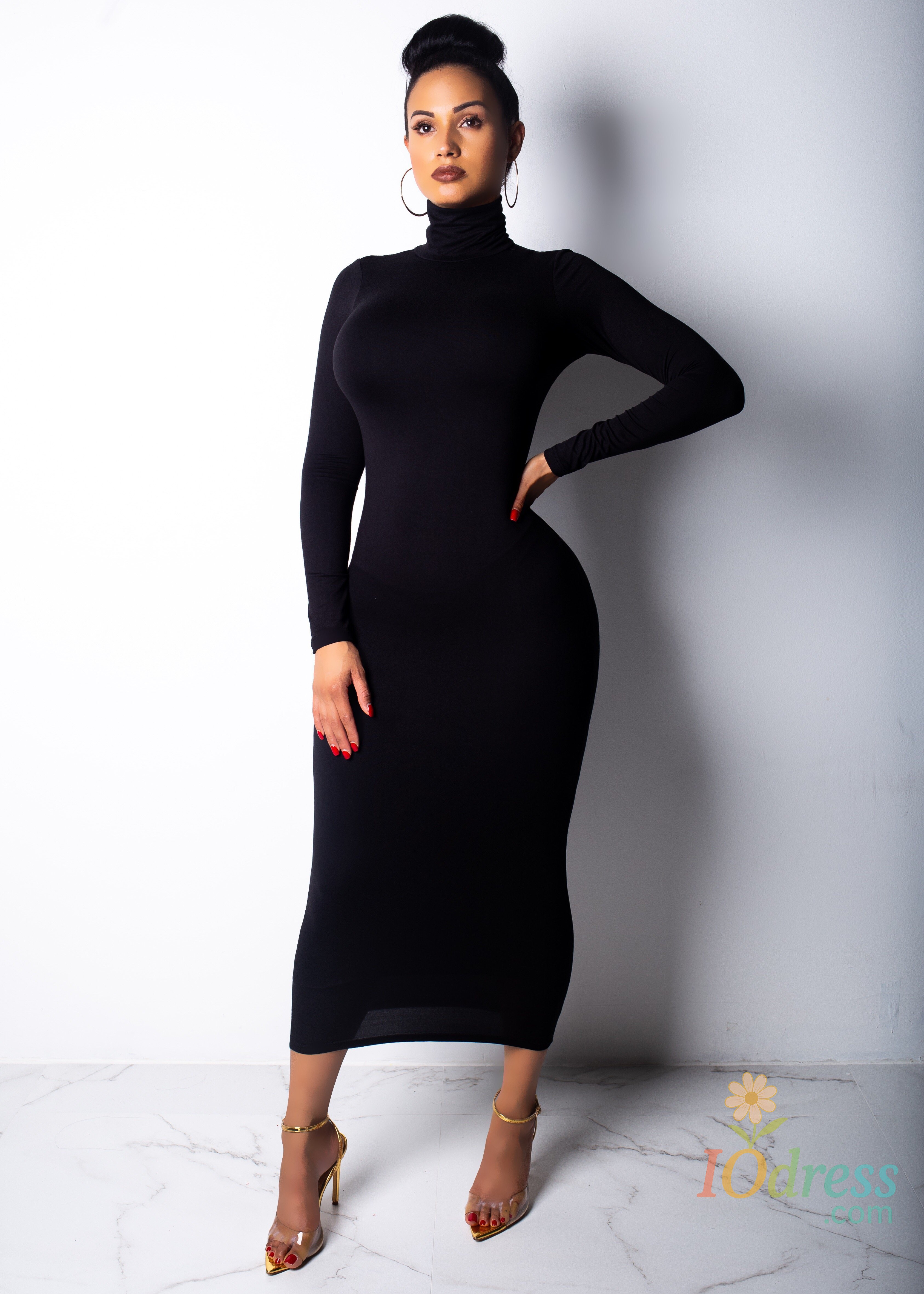IO Dress New Winter Longuette Long-Sleeved Elastic Force Slim High Collar Slim Long Dress
