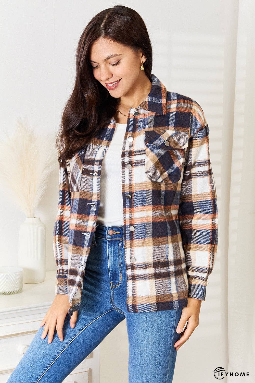Double Take Plaid Button Front Shirt Jacket with Breast Pockets | IFYHOME