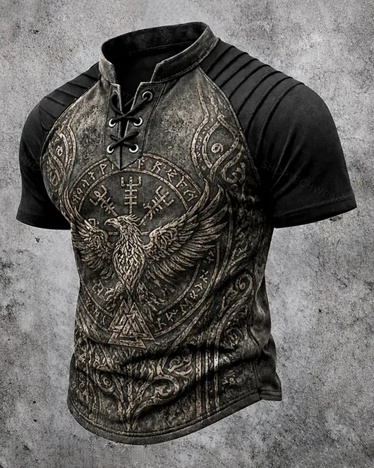 Men's Viking Print Short-Sleeve Henley T-Shirt 1382