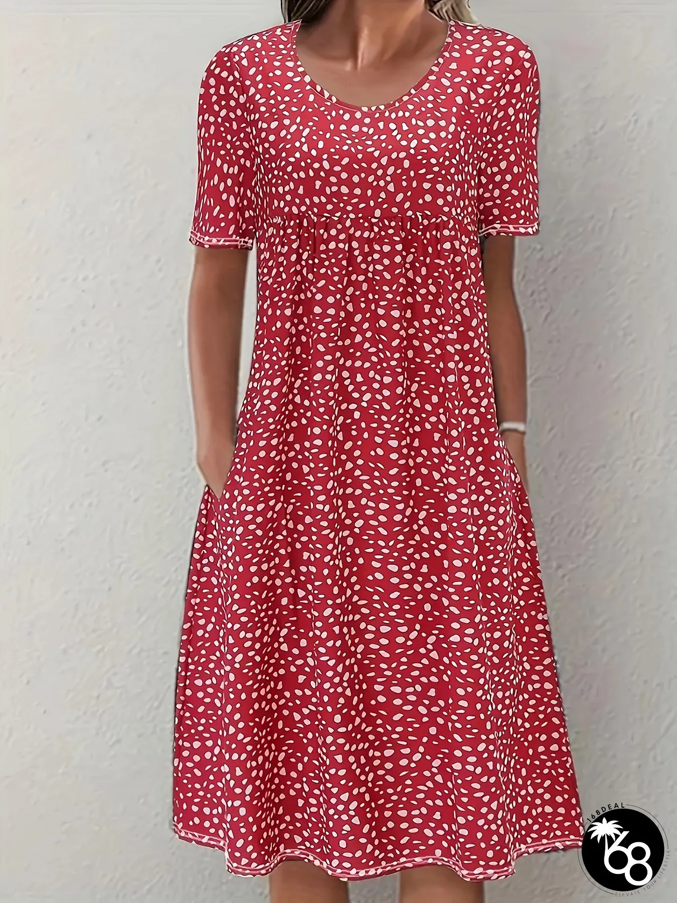 Womens Casual Red Polka Dot Dress With Pockets Short Sleeve Round-neck A-Line | 168DEAL