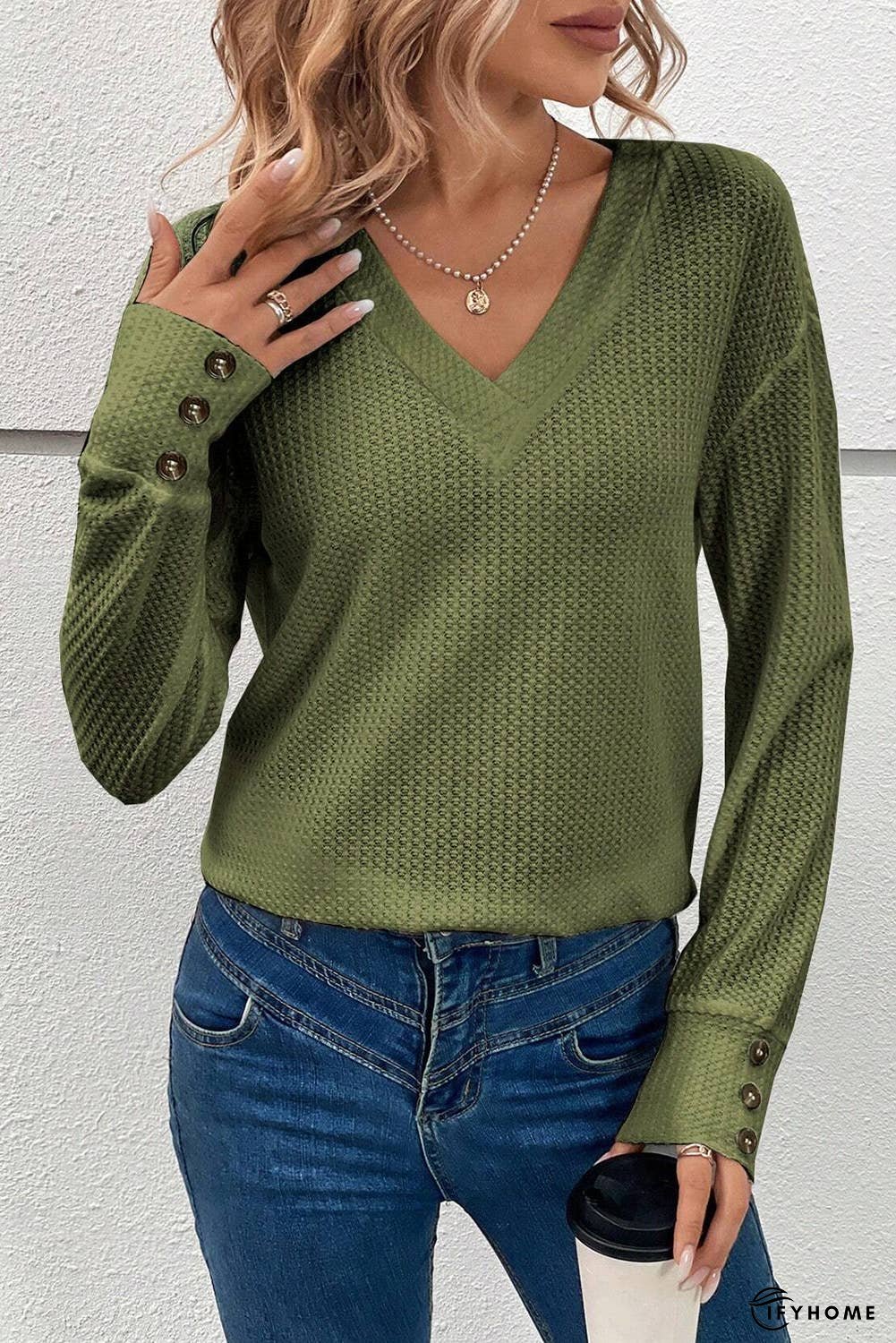 Textured Knit V Neck Button Cuffs Top | IFYHOME