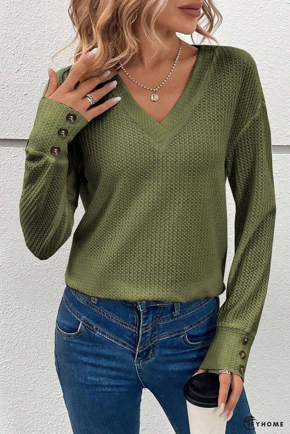 Textured Knit V Neck Button Cuffs Top | IFYHOME