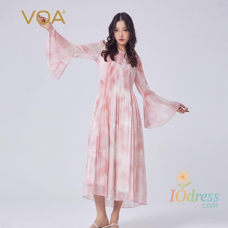 IO Dress VOA Pinkish-purple Three-layer Georgette Round-neck Flared Long-sleeved Silk Dress for Summer IO Dress