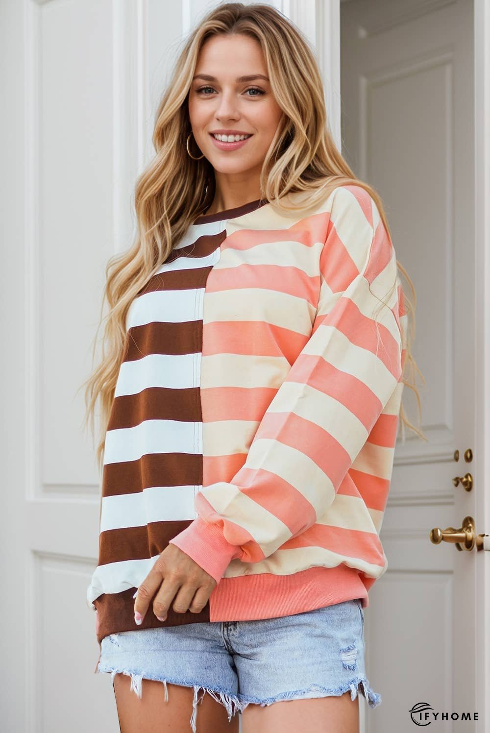 Stripe Color Block Drop Shoulder Pullover Sweatshirt | IFYHOME