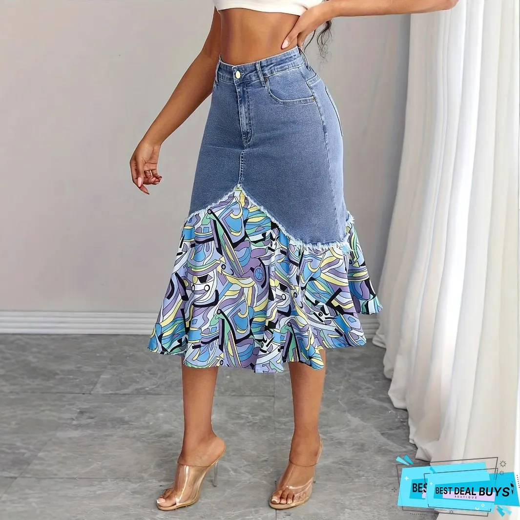 Womens Plus-Size Non-Stretch Denim Half Skirt Flared Hem Casual Formal Outfits Perfect
