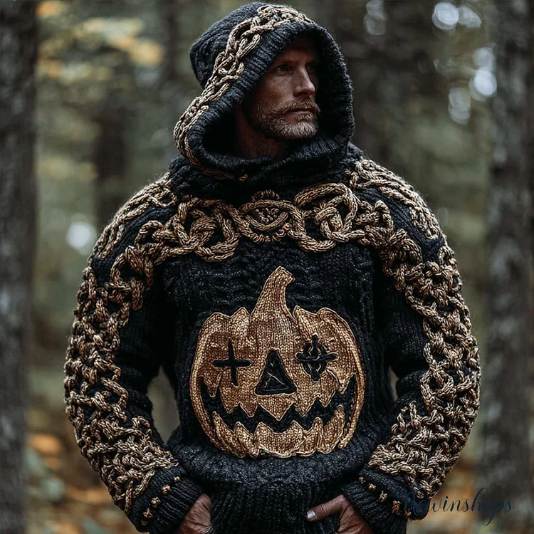 Men's Viking-style Evil Pumpkin Embroidery Hooded Sweater