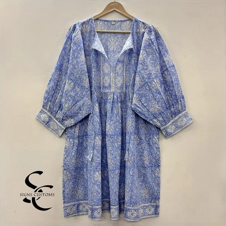 Floral Hand Block Print Woman Midi Dress &ndash; Bohemian Cotton Tunic Dress for Women with String Closure & Full Lining